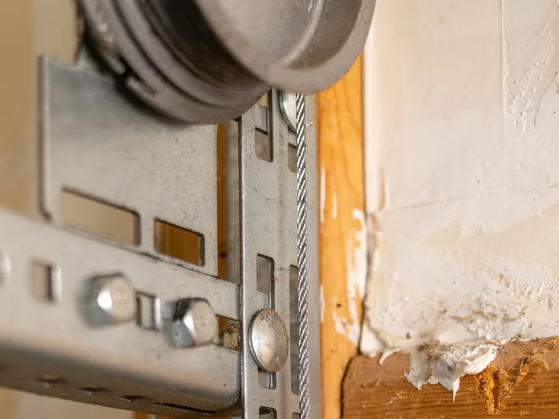 Lift cable wound on a garage door cable drum beside the vertical track and jamb bracket